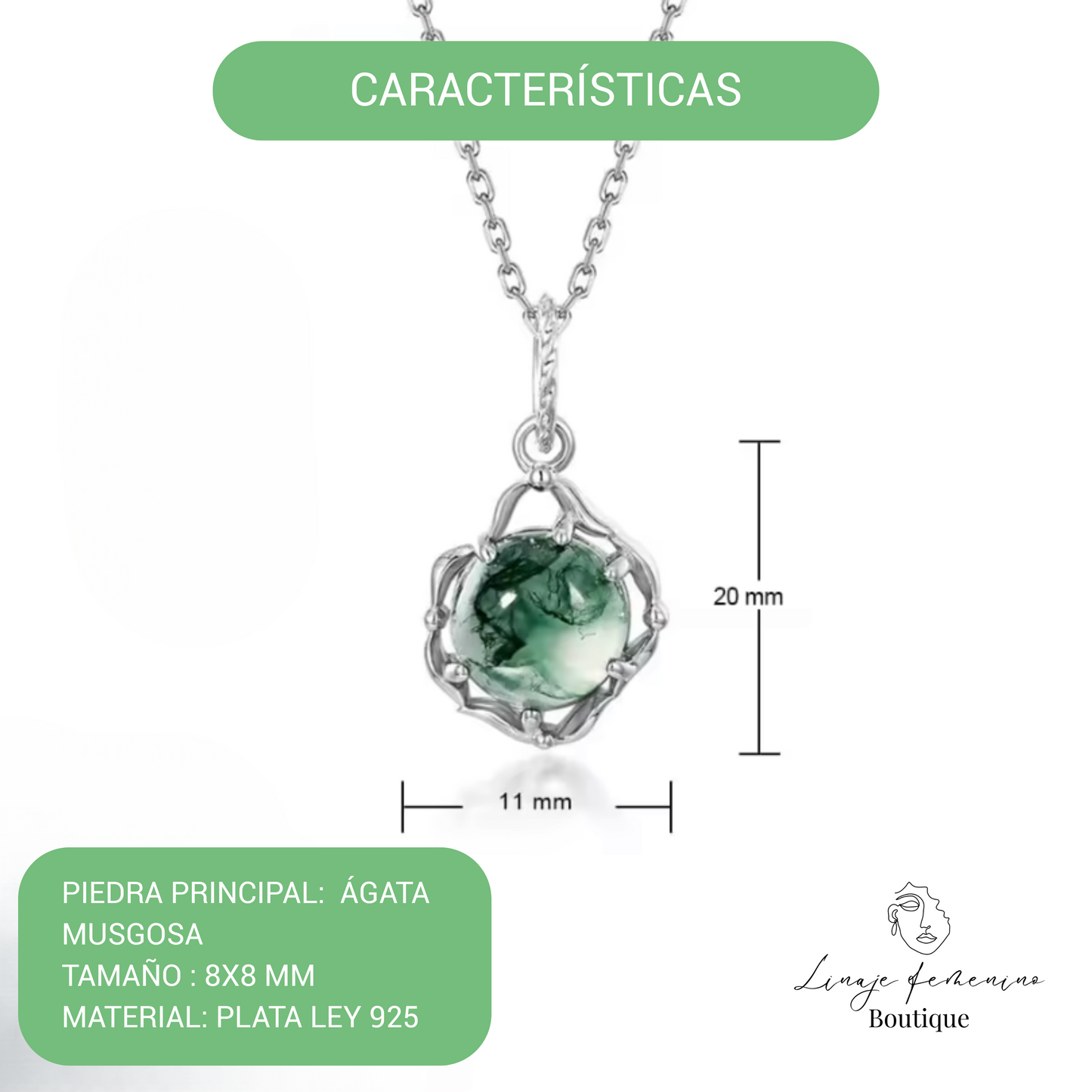 Collar de Ágata Musgo en Plata 925 – Brillo natural y atemporal