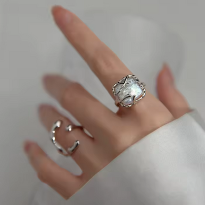 Duo Anillos Irregulares en Plata 925 | Perla Barroca & Minimalista