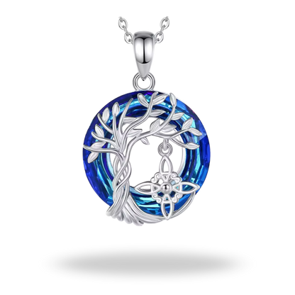 Collar Árbol de la Vida & Nudo de Bruja en Plata 925 | Amuleto de Energía y Protección con Cristal Austriaco Azul