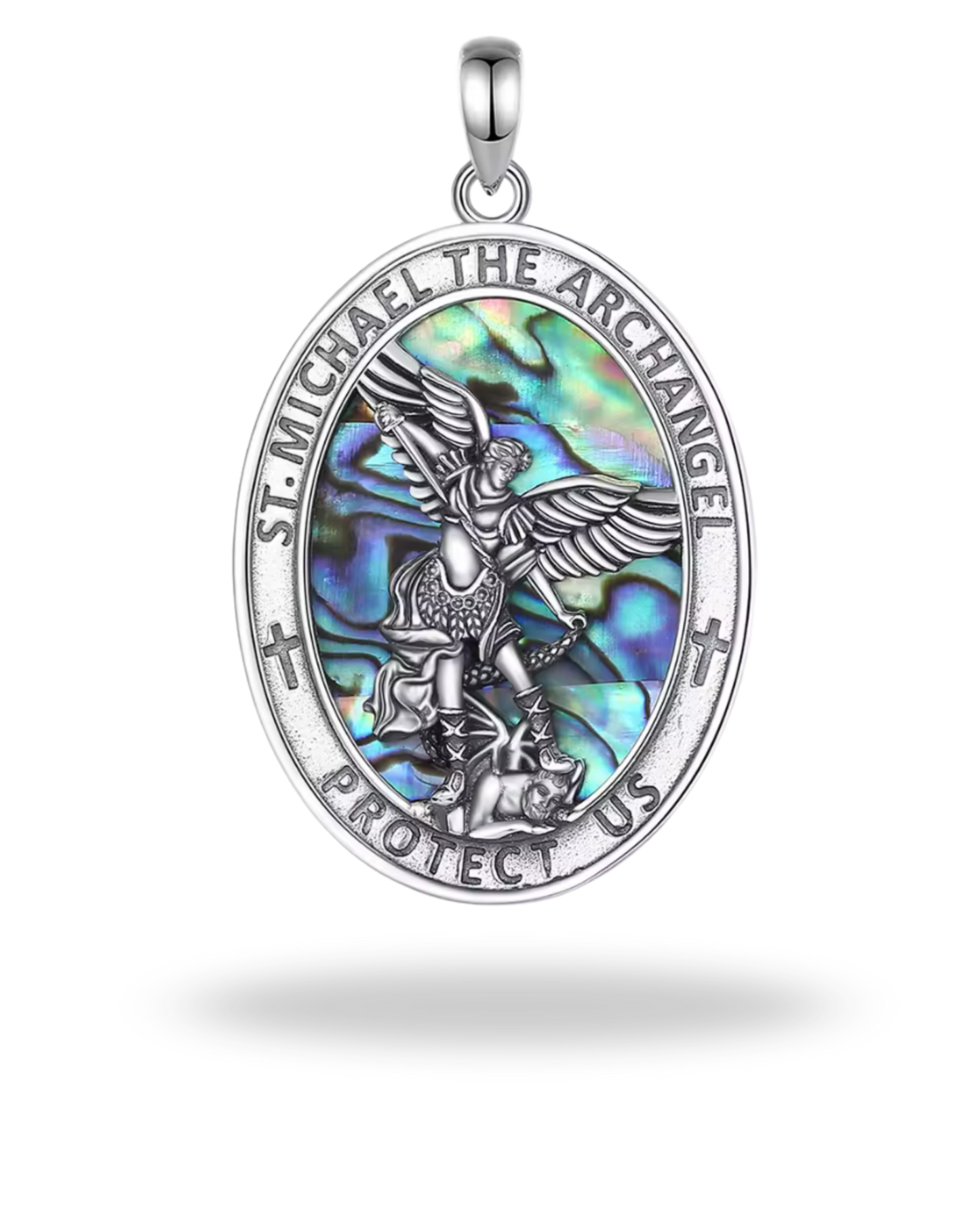 Colgante San Miguel Arcángel en Plata de Ley 925 con Nácar Abulón | Protección, Fuerza y Luz Divina