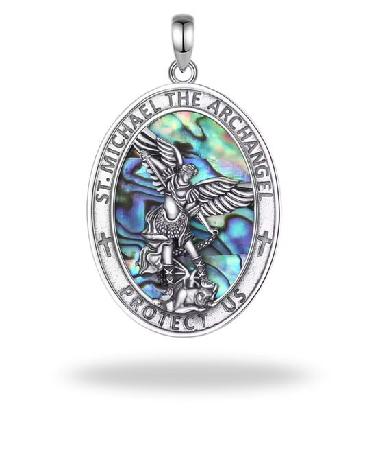 Colgante San Miguel Arcángel en Plata de Ley 925 con Nácar Abulón | Protección, Fuerza y Luz Divina