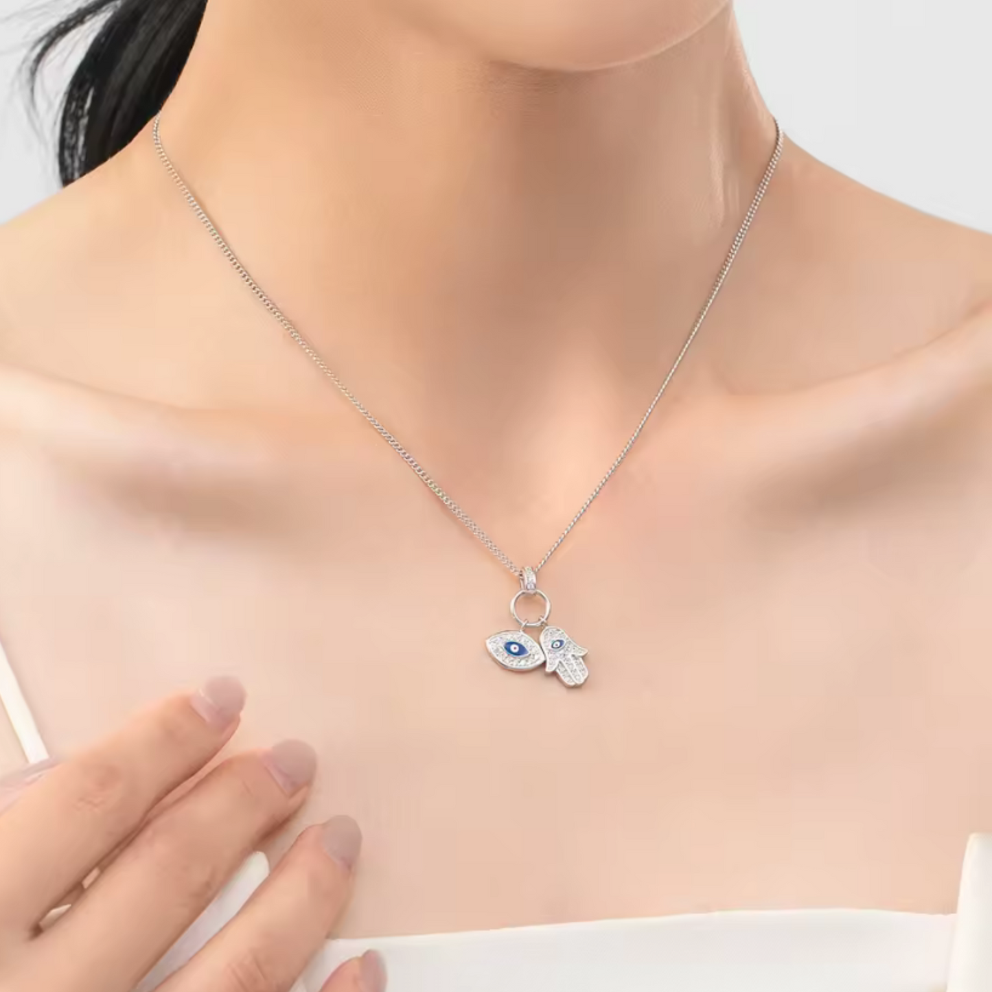 Collar Mano de Fátima y Ojo Azul | Plata 925