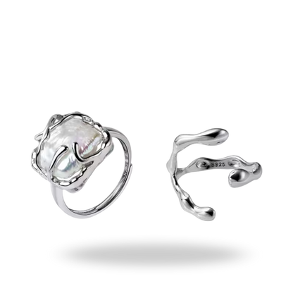 Duo Anillos Irregulares en Plata 925 | Perla Barroca & Minimalista