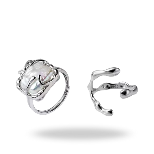Duo Anillos Irregulares en Plata 925 | Perla Barroca & Minimalista