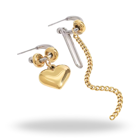 Pendientes Minimalistas Corazón y Cadena en Acero Inoxidable – Bicolor Dorado y Plateado