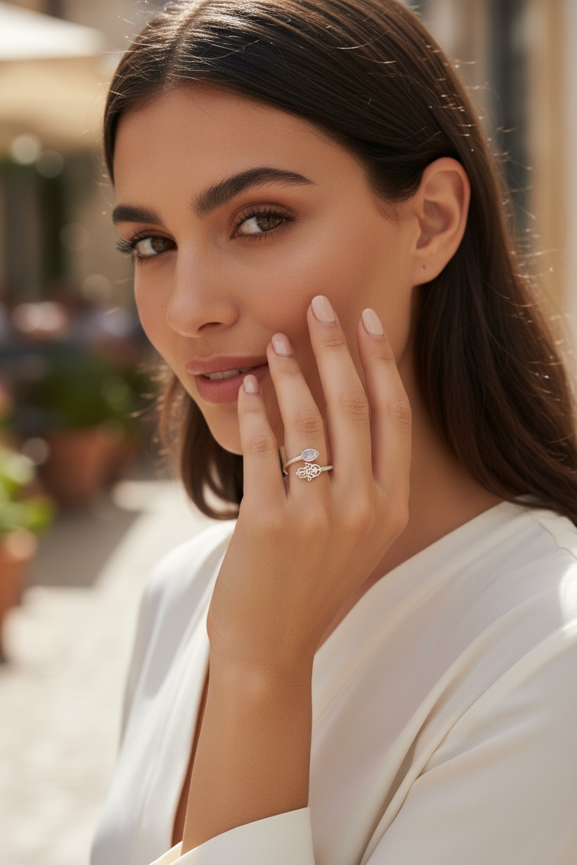 Anillo Mano de Fátima - Plata 925 con Piedra Lunar de Arcoíris