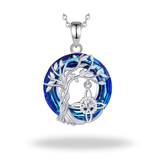 Collar Árbol de la Vida & Nudo de Bruja en Plata 925 | Amuleto de Energía y Protección con Cristal Austriaco Azul