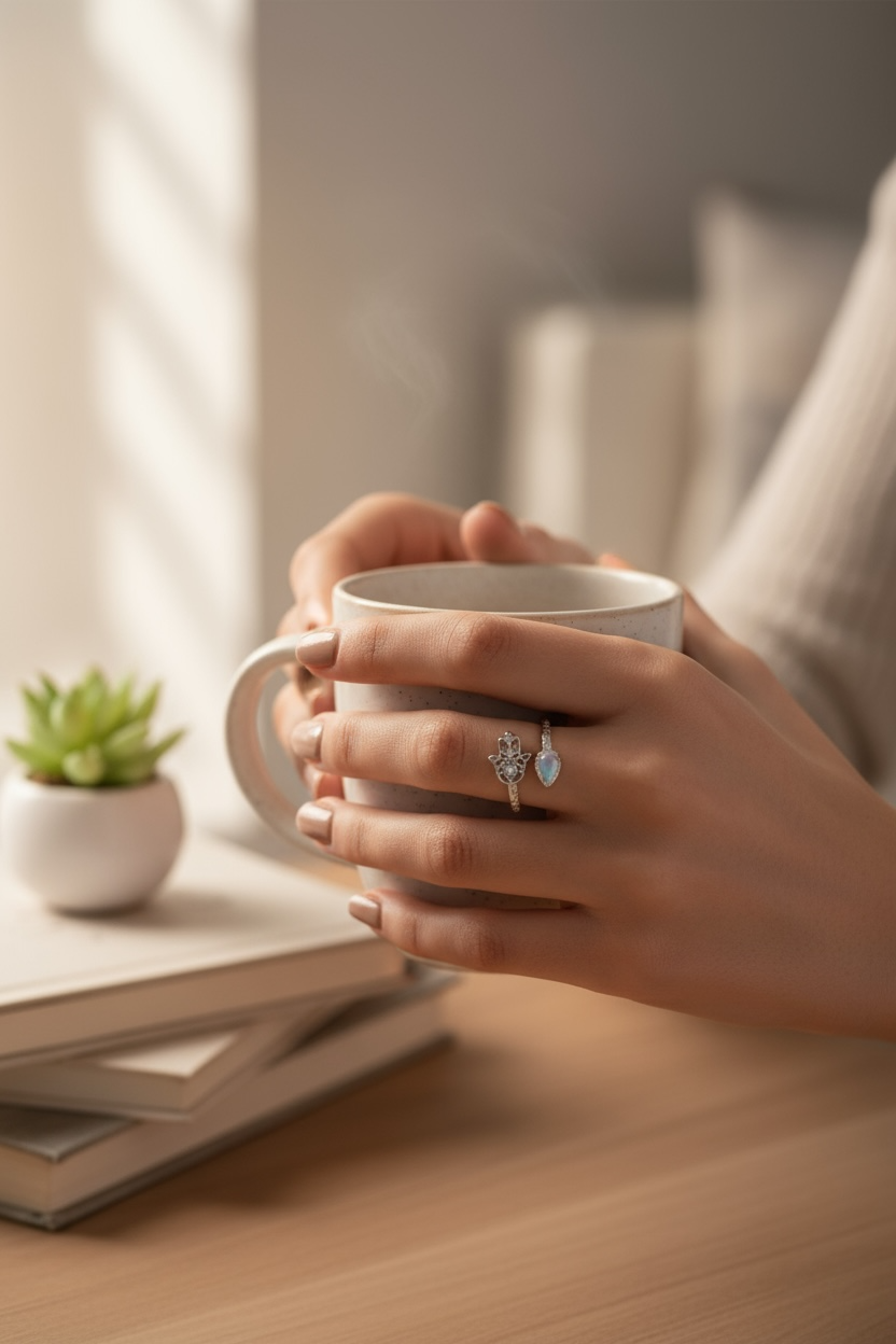 Anillo Mano de Fátima - Plata 925 con Piedra Lunar de Arcoíris