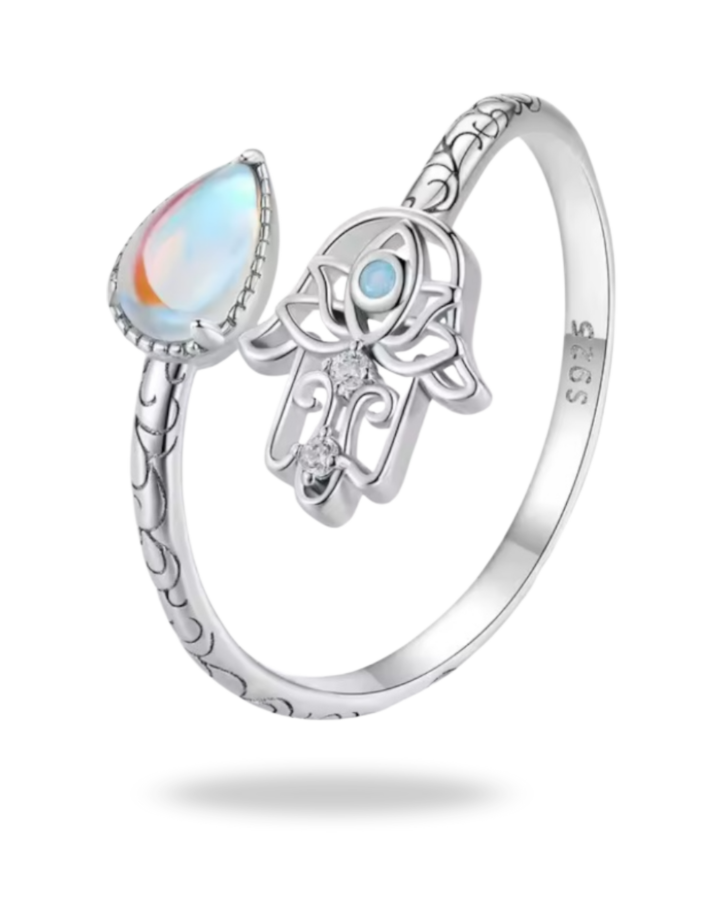 Anillo Mano de Fátima - Plata 925 con Piedra Lunar de Arcoíris
