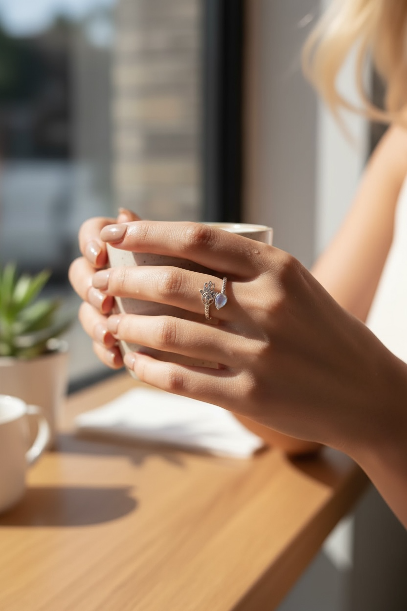 Anillo Mano de Fátima - Plata 925 con Piedra Lunar de Arcoíris