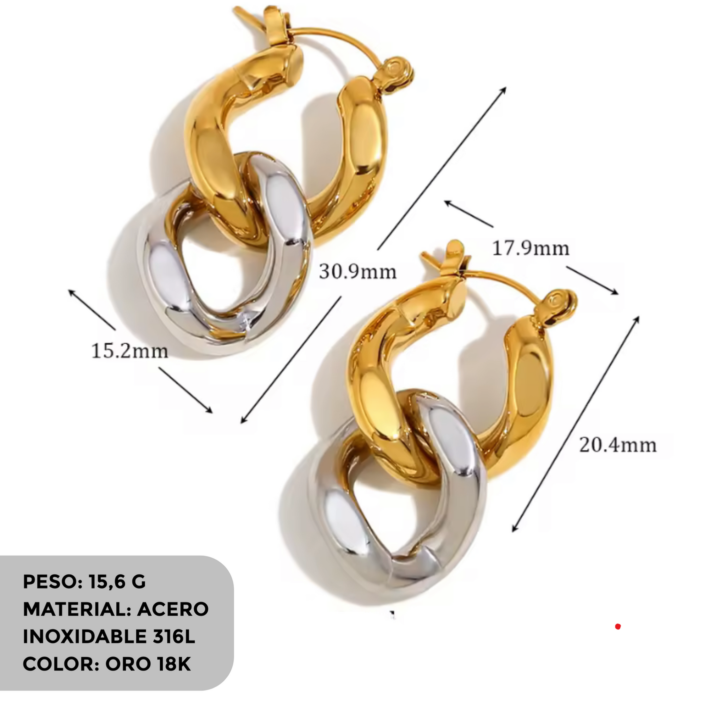 Pendientes Eslabón Bicolor Oro 18k + Plata